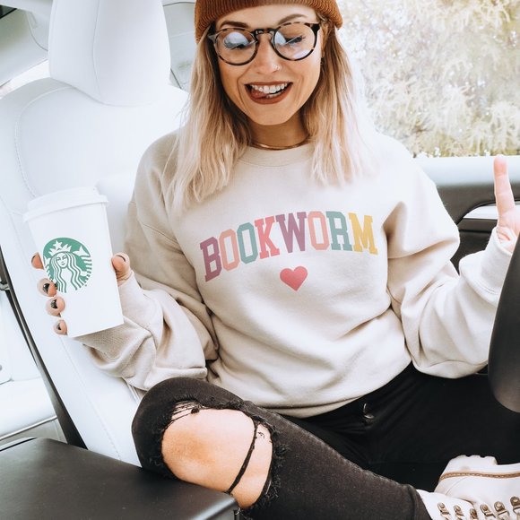 Bookworm Heart Sweatshirt - Cute Bookish Book Lover Gift Sand Sweater - Picture 8 of 8